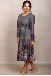 Rochie Andrada din tricot gri inchis cu imprimeu floral, maneca lunga si catarama in talie